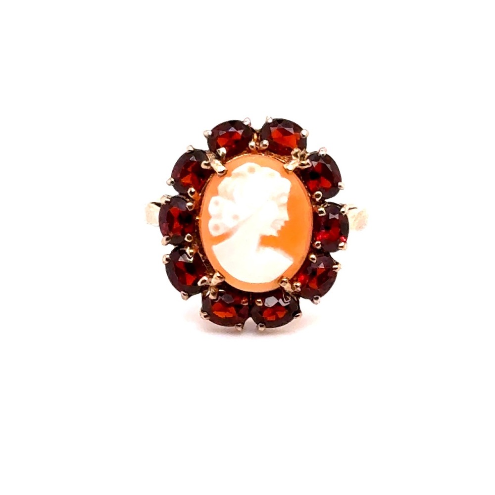 Vintage 14k Yellow Gold Shell Cameo Garnet Halo Cocktail Ring Size 7.75